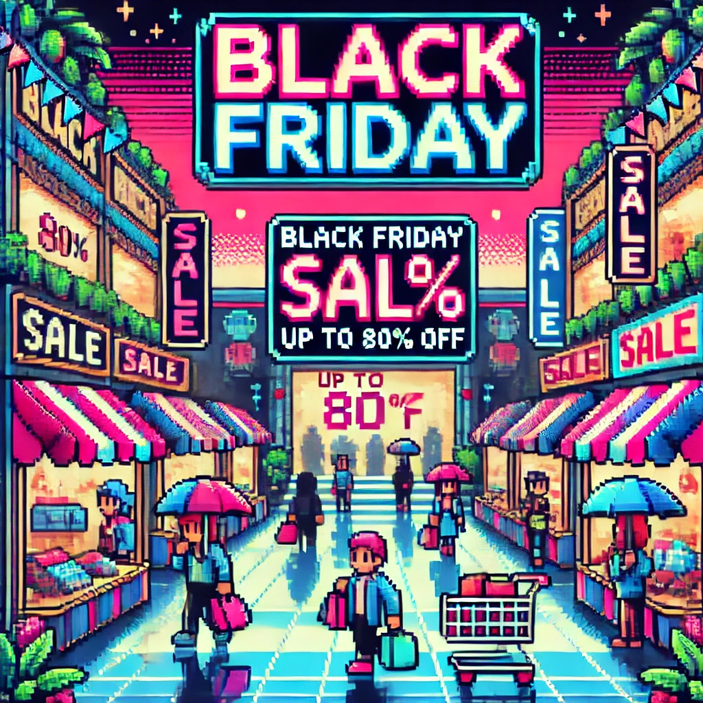 ภาพประกอบวัน Black Friday ปี 2024 นำเสนอป้ายลดราคาที่สดใส ลูกค้าที่คึกคัก และการตกแต่งตามเทศกาล แสดงให้เห็นถึงความตื่นเต้นของวันช้อปปิ้งที่ยิ่งใหญ่ที่สุดของปี