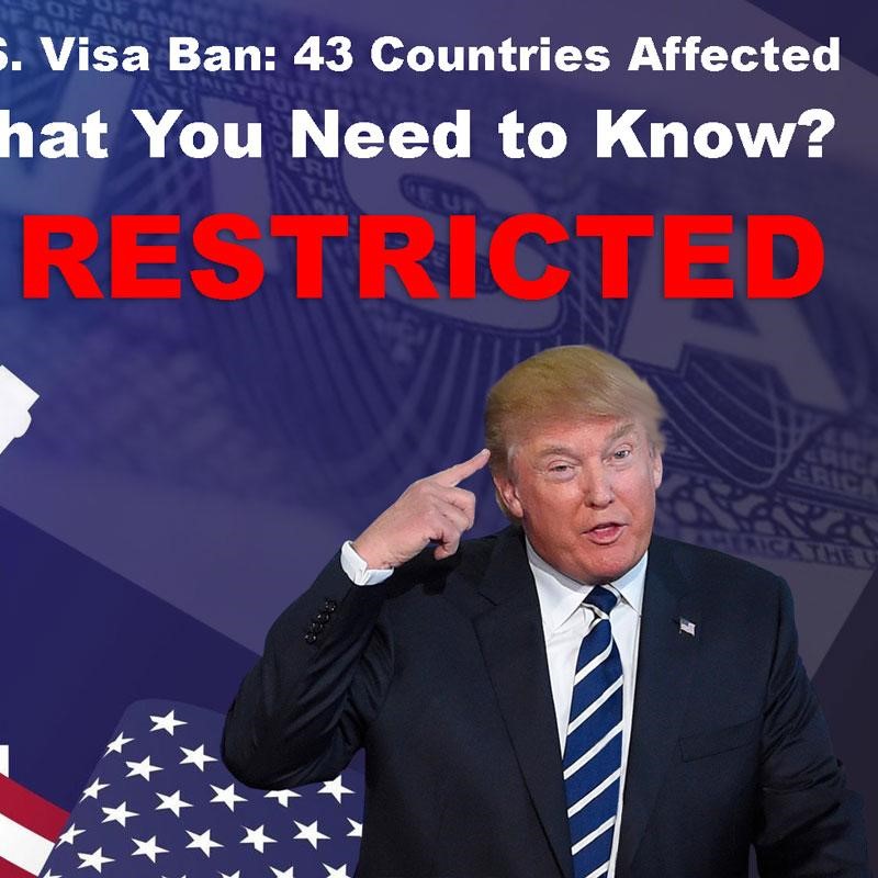 U.S. visa ban infographic with Donald Trump, the Statue of Liberty, and "RESTRICTED" in bold red text