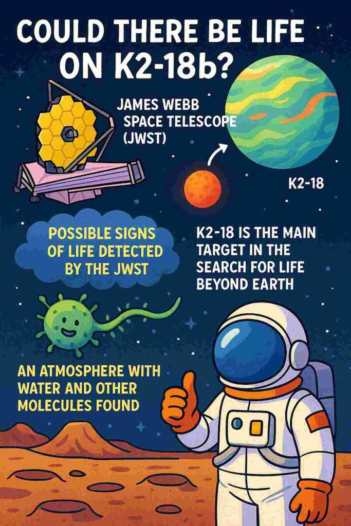 Cartoon of JWST, exoplanet K2-18b, and astronaut showing possible signs of life and water in the planet's atmosphere.
