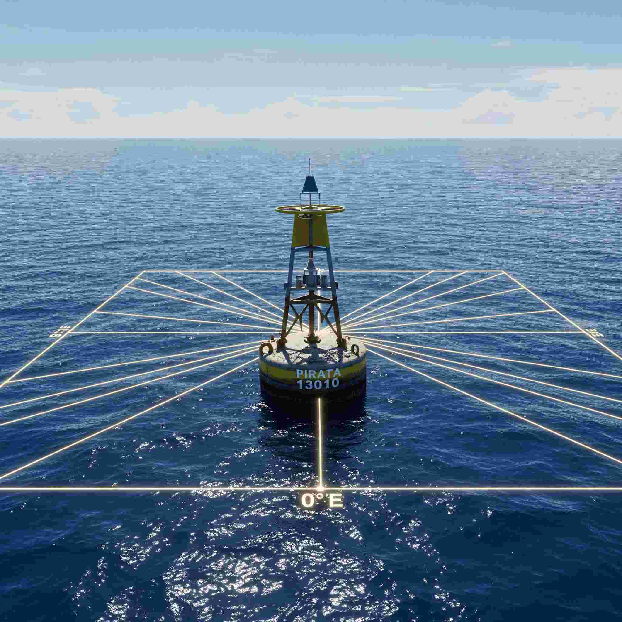 A digital map pinpointing Null Island at 0°N 0°E in the middle of the Atlantic Ocean.